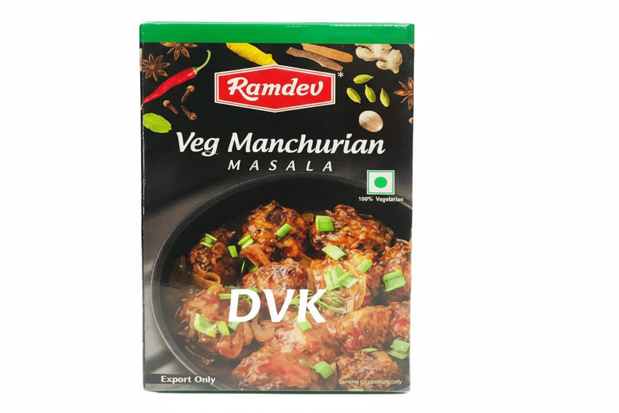 Box of Ramdev Veg Manchurian Masala with a dish of Veg Manchurian on the packaging.