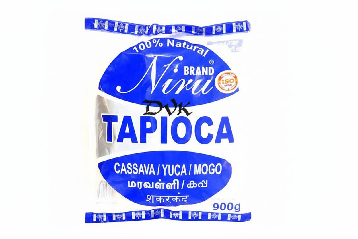 Nirvi brand tapioca package with blue and white design on a white background
