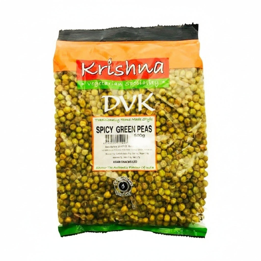 Packaged spicy green peas with Krishna and DVK's branding on a white background