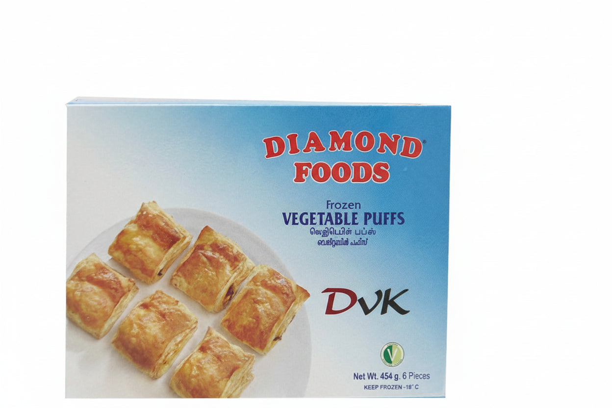Box of Diamond Foods Frozen Vegetable Puffs on a white background