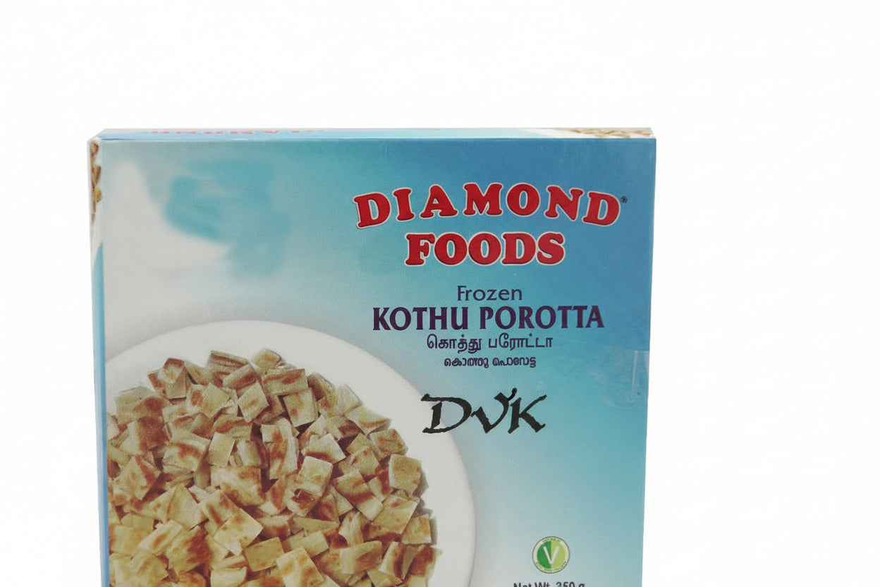Box of Diamond Foods Frozen Kothu Porotta with a bowl of food on the label.