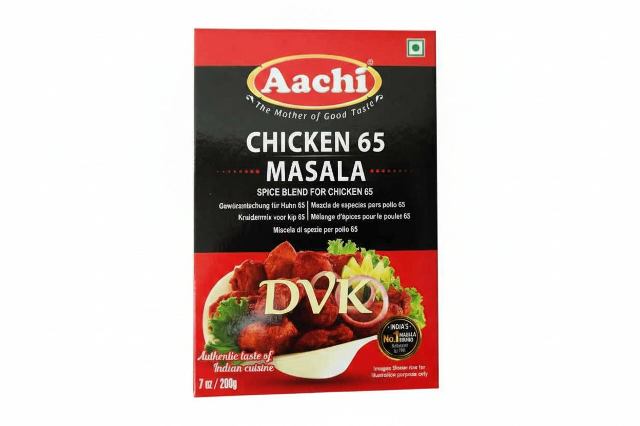 Aachi Chicken 65 Masala spice blend packaging on a white background