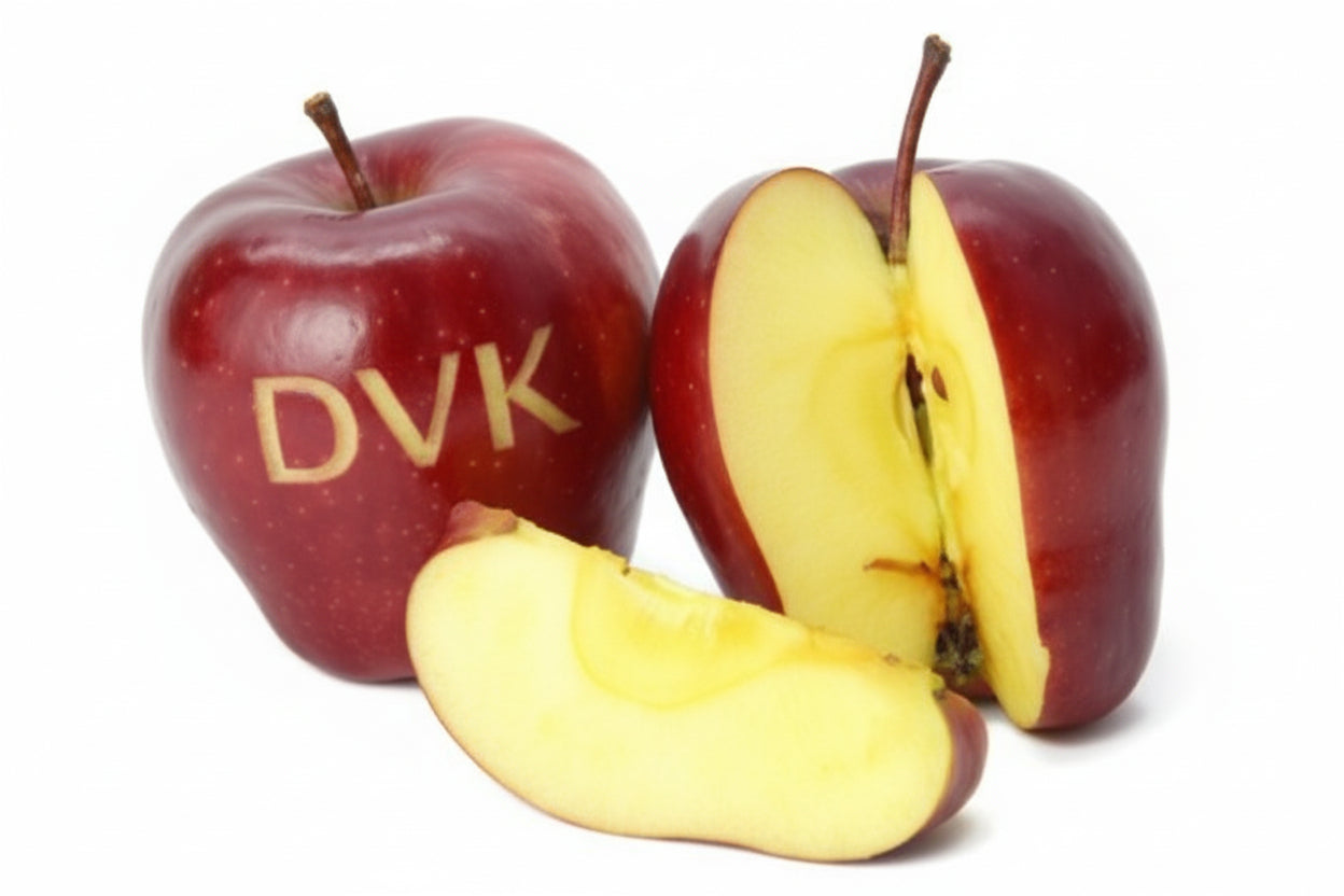 Red apple and a sliced red apple on a white background with DVK logo.