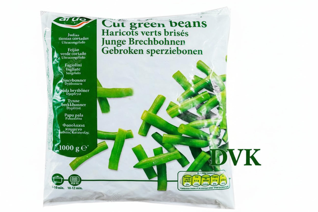 Packaged cut green beans with a green label on a white background