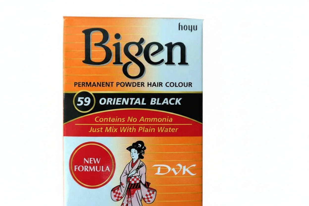 Box of Bigen permanent powder hair color with oriental black theme on an orange and blue background.