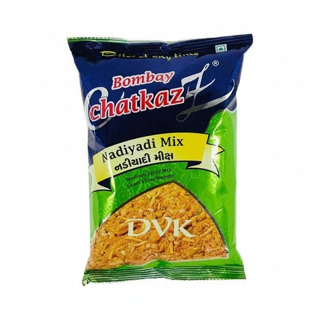 Packaged food item with 'Bombay Chatkaz' branding on a white background