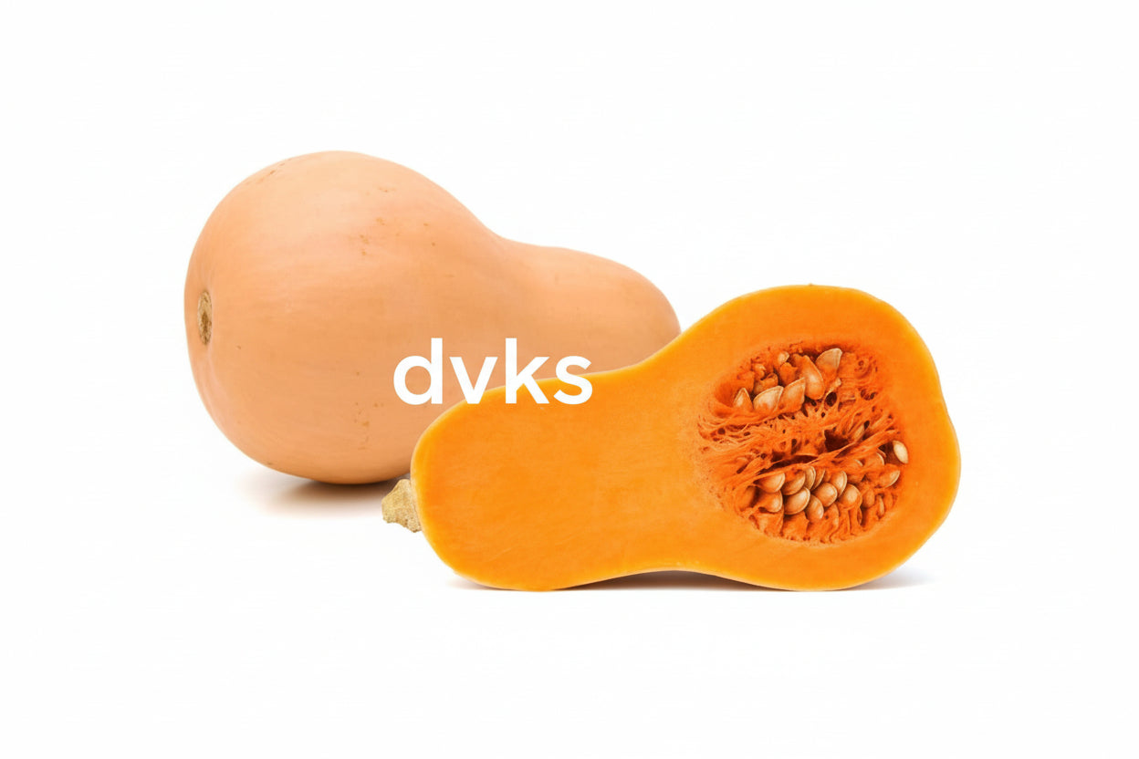 Butternut squash with one half sliced open on a white background, branded