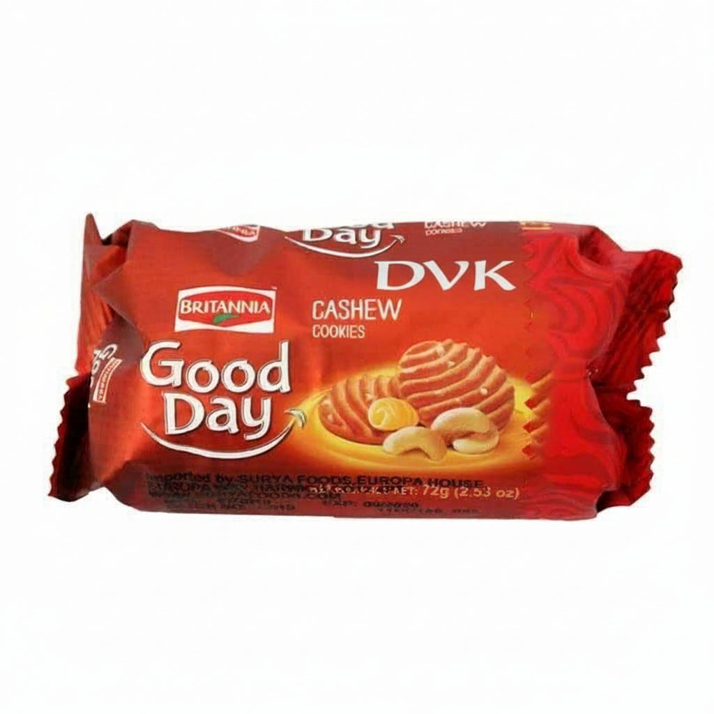 Packaged cookies with Britannia Good Day branding on a white background