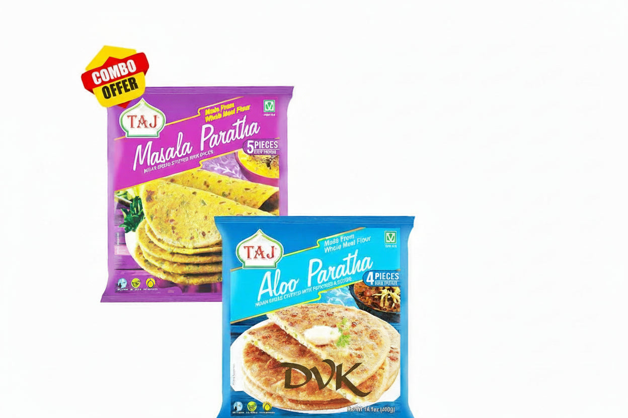 Two packages of parathas, one purple and one blue, with visible branding on a white background.