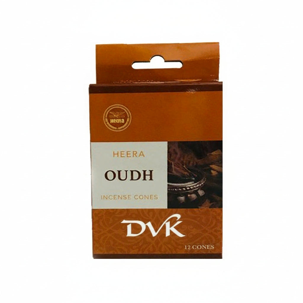 Pack of Heera Oudh incense cones with brand logo on a white background