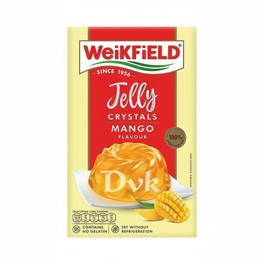 Weikfield Jelly Crystals Mango Flavour packaging on a white background