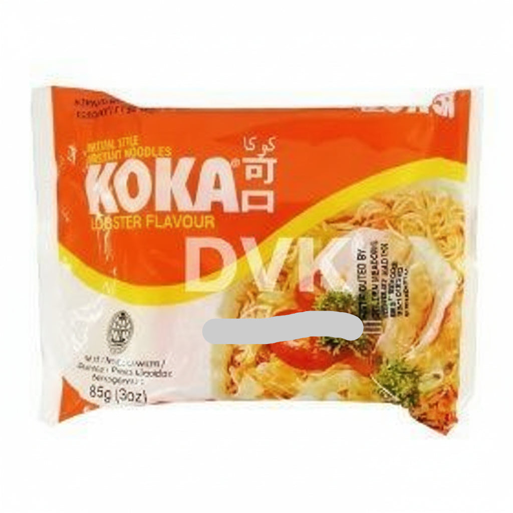 Koka instant noodles package with an orange background