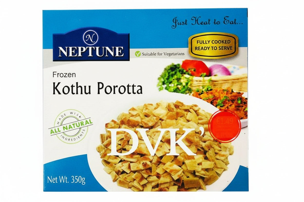 Neptune Kothu Porotta packaging with a bowl of food and vegetables on a white background