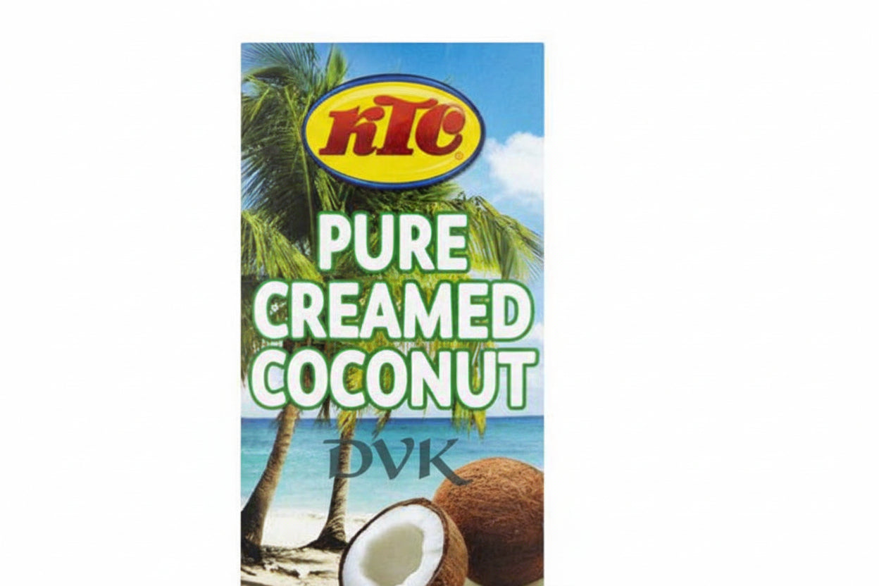 KTC Pure Creamed Coconut packaging with coconut and palm tree background