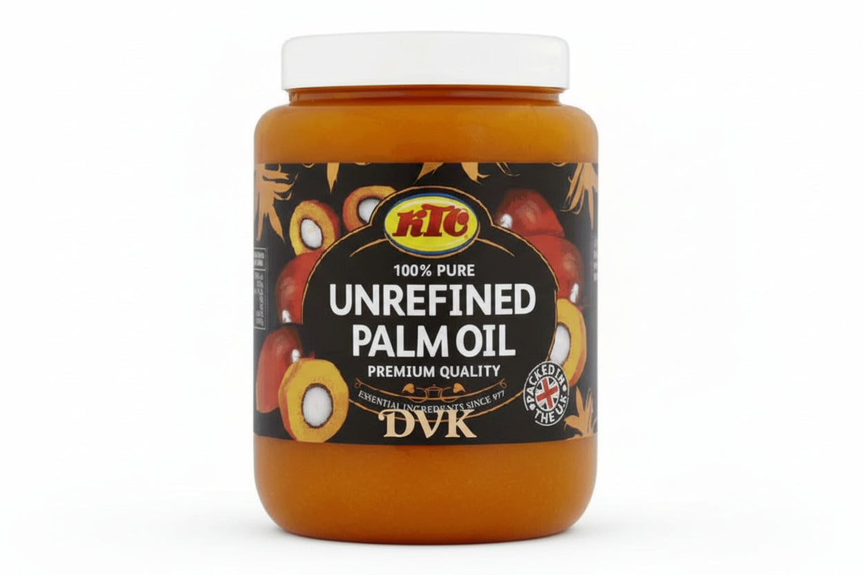 Jar of KTC Unrefined Palm Oil with a black label on a white background