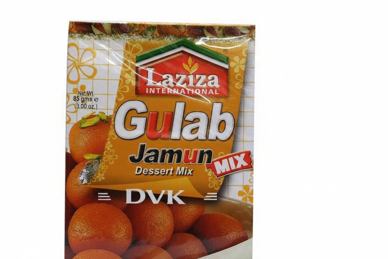 Packaging of Laziza International Gulab Jamun Dessert Mix with Gulab Jamuns on a white background.