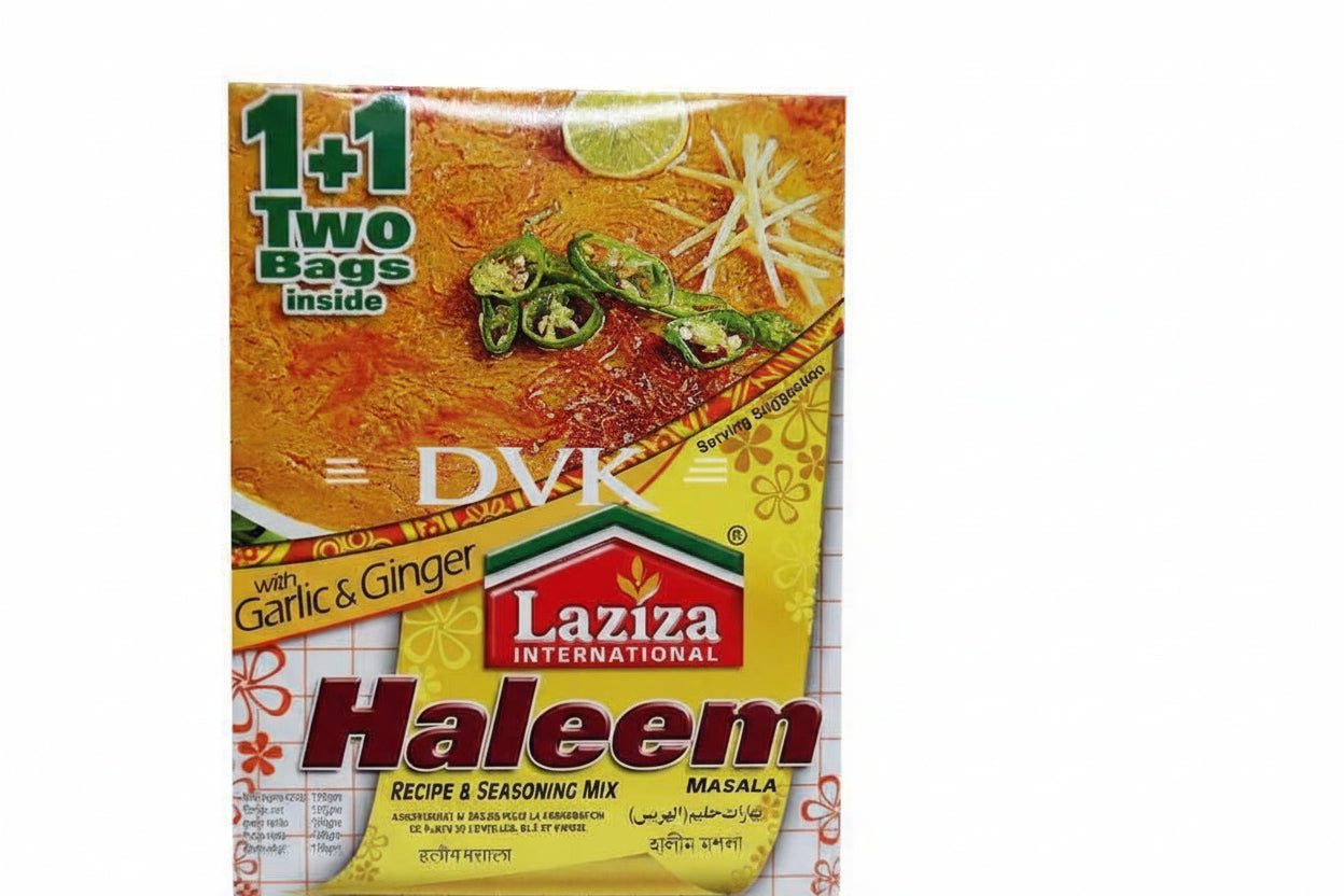 Laziza International Haleem recipe and seasoning mix packaging with garlic and ginger on a white background.