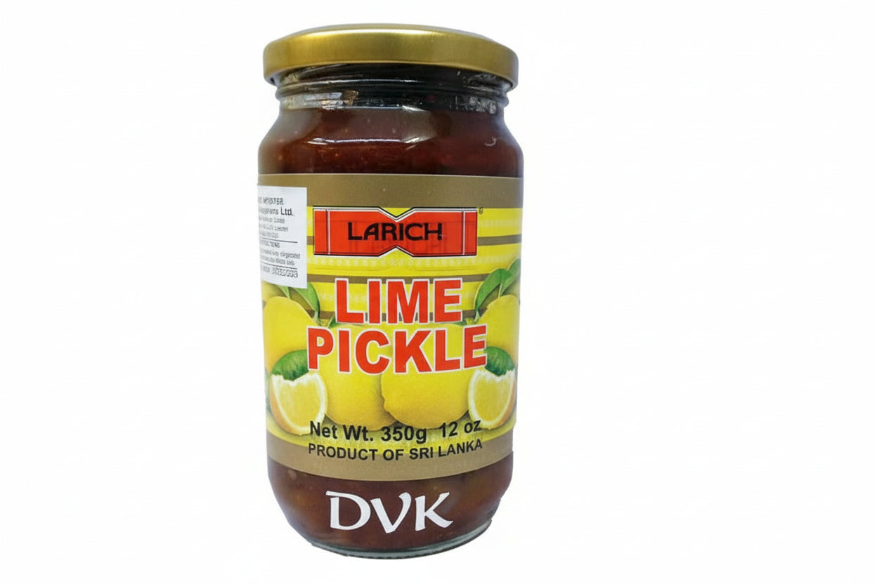 Jar of Larich Lime Pickle with a yellow label on a white background
