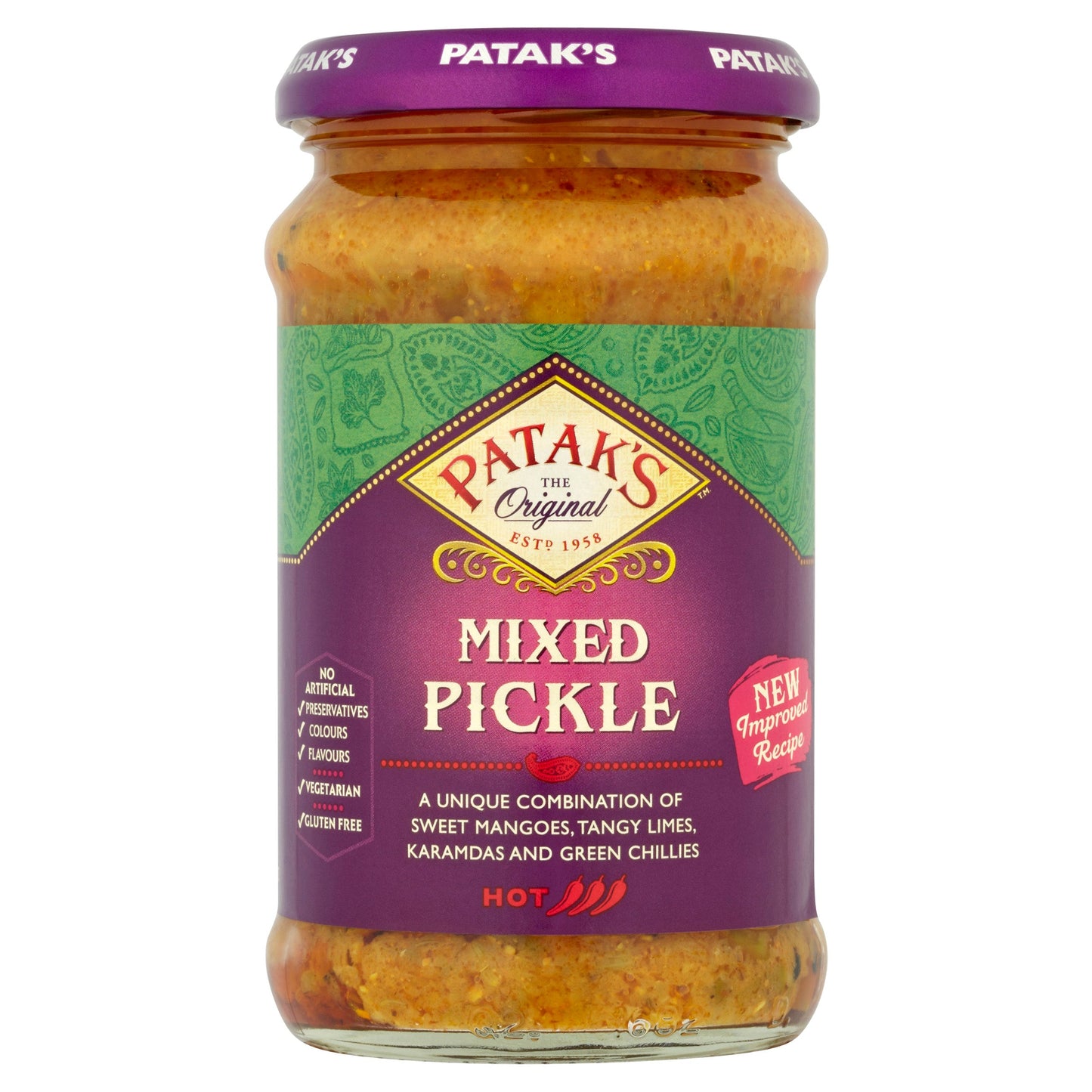 Patak's Mixed Pickle jar with purple lid on a white background
