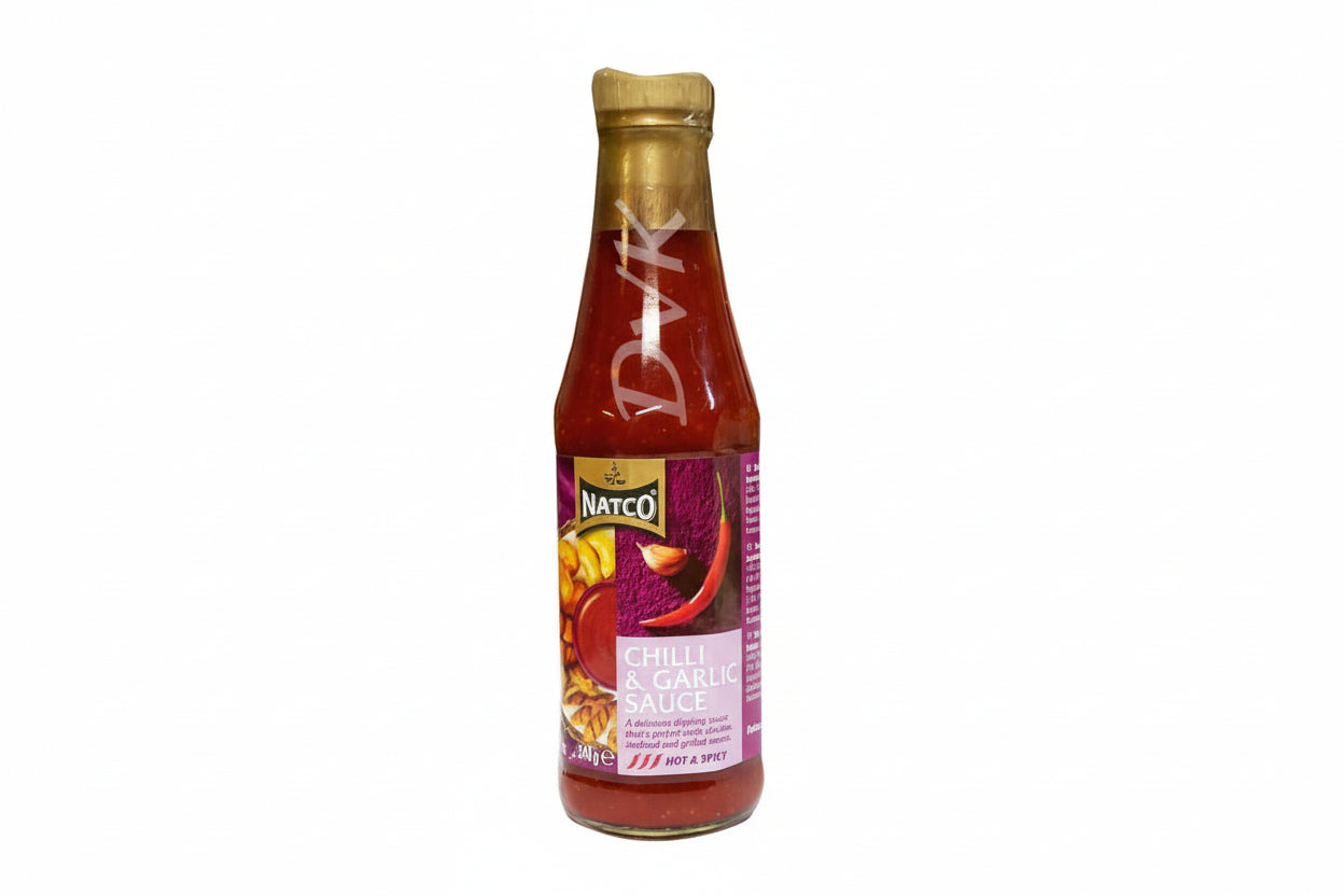 Bottle of Natco Chilli & Garlic Sauce on a white background