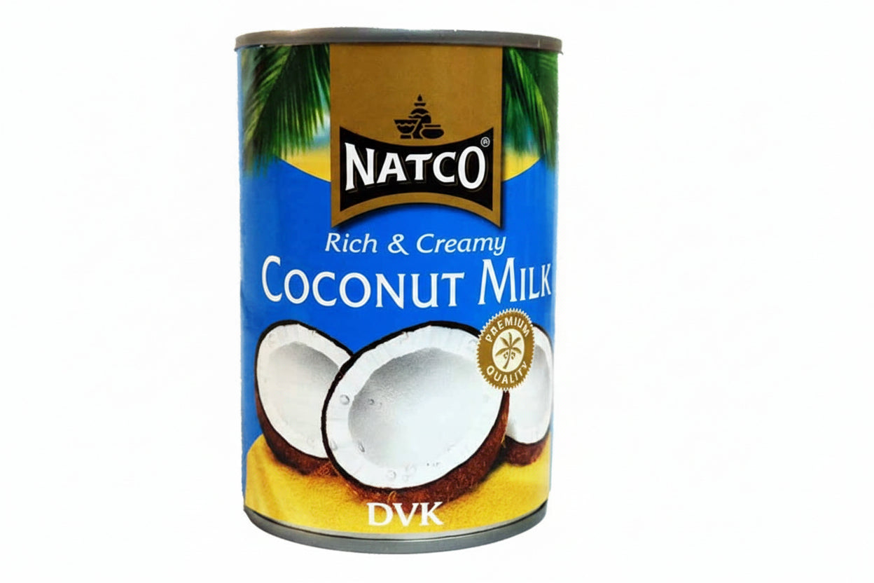 Can of Natco coconut milk with coconut graphics on a white background