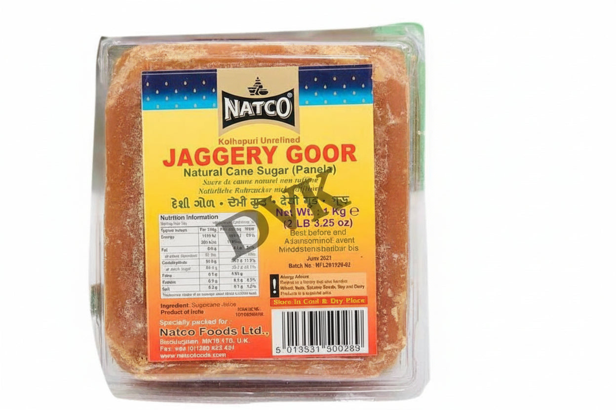 Packaged jaggery with Natco label on a white background