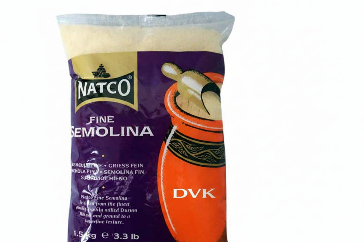 Bag of Natco Fine Semolina with a purple label and orange container design.