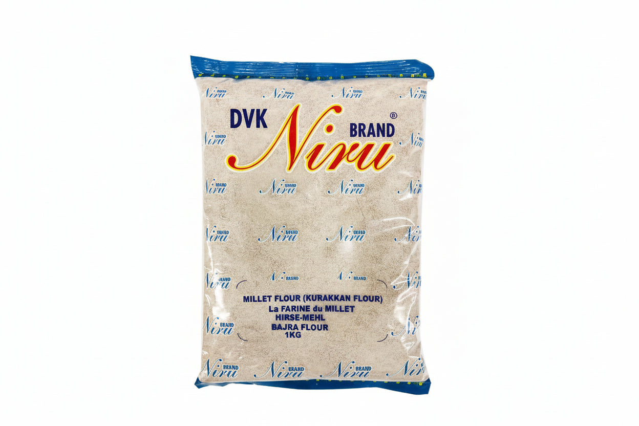 Bag of Brand Niru millet flour on a white background