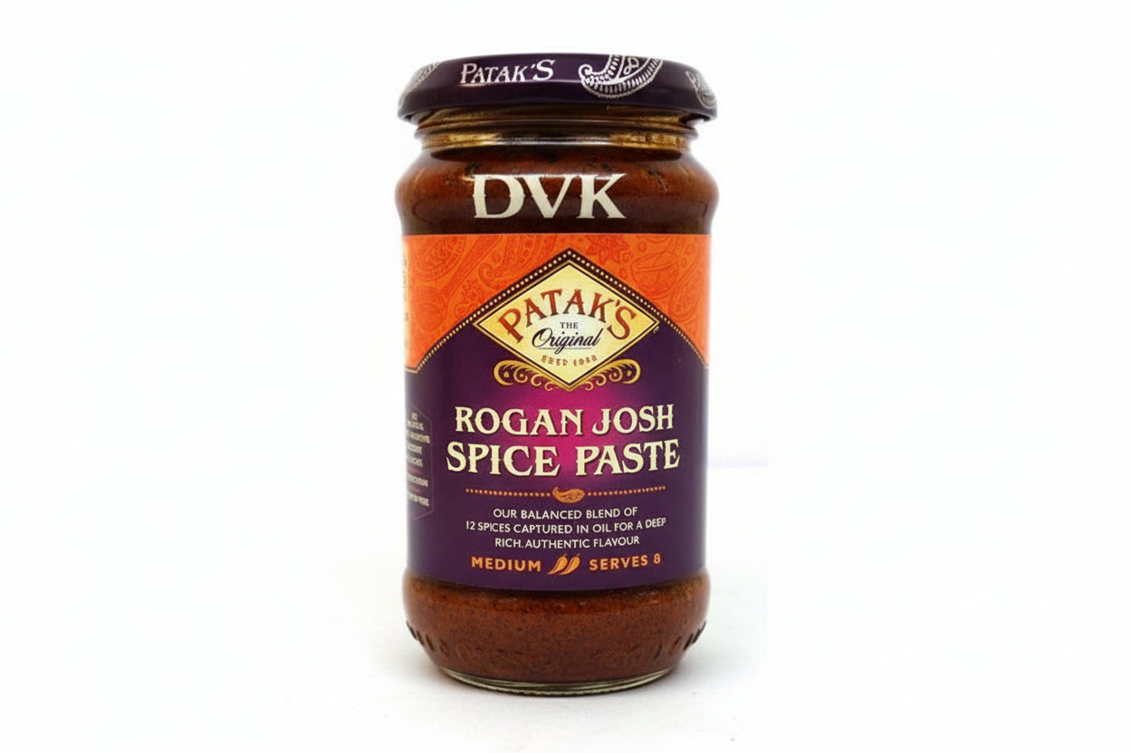 Jar of Patak's Rogan Josh Spice Paste on a white background