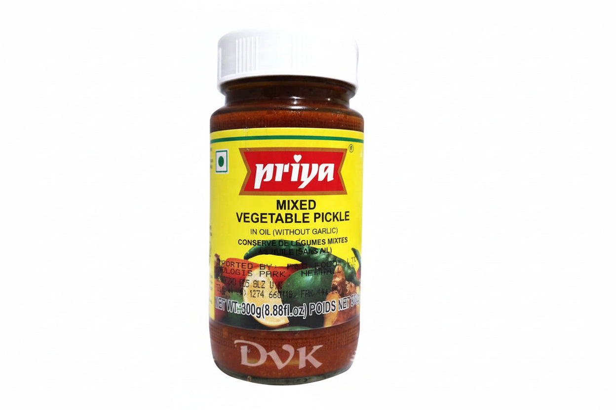 Jar of Priya Mixed Vegetable Pickle on a white background