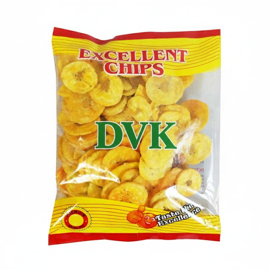 Packaged banana chips with 'Excellent Chips DVK's' branding on a white background