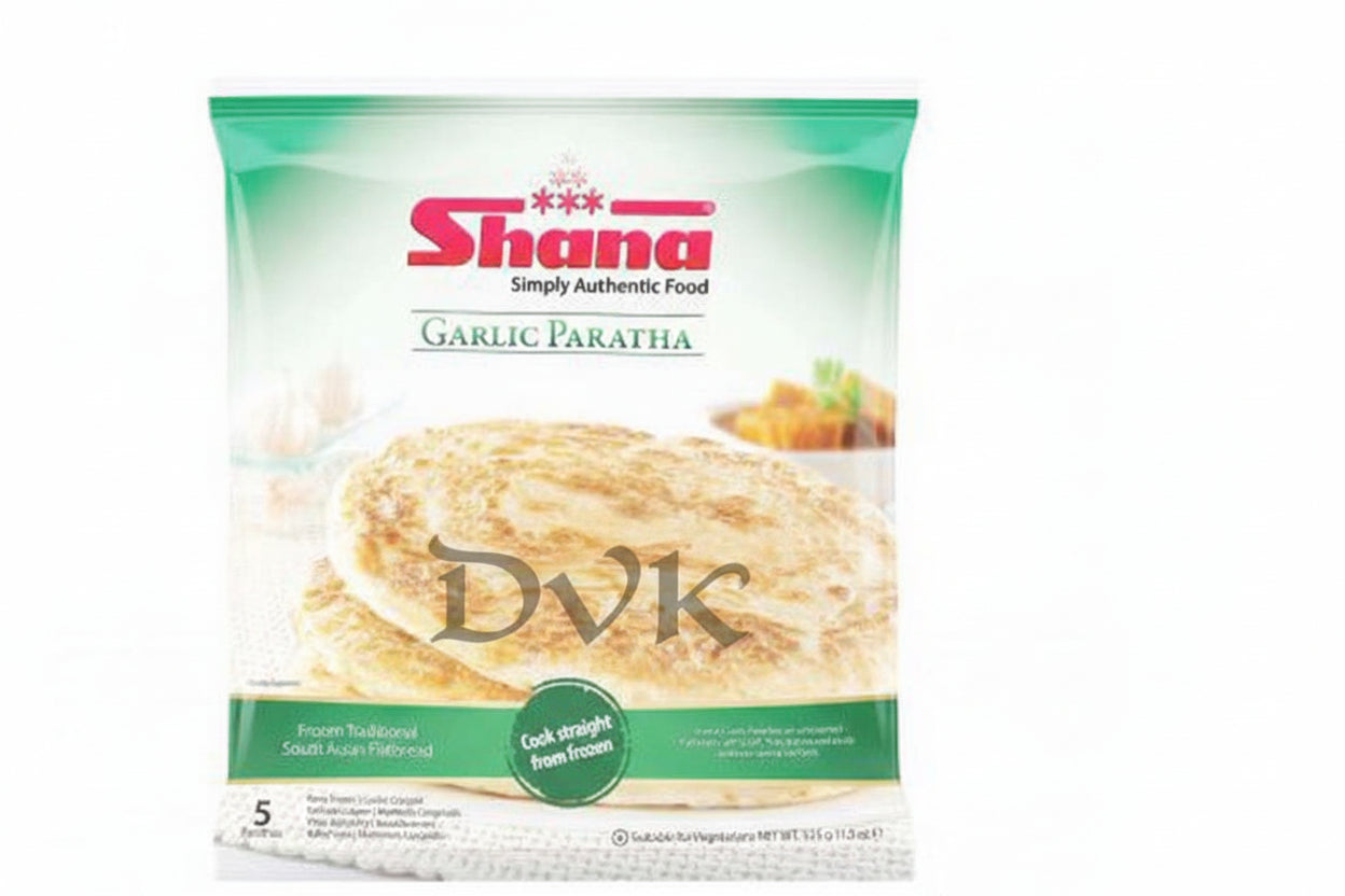Shana Garlic Paratha packaging with a stack of parathas on a white background