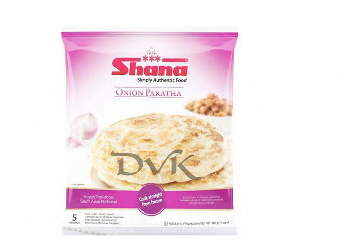 Shana Onion Paratha packaging with a pink background