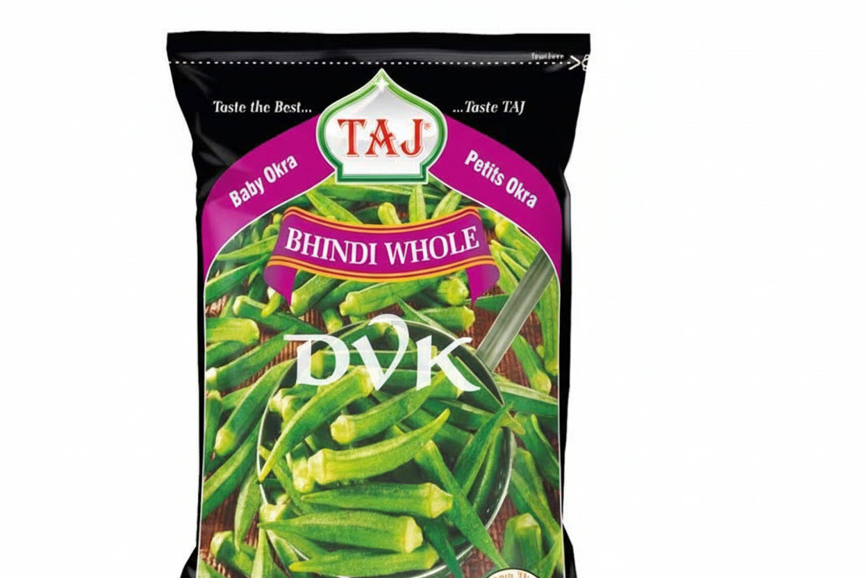 Packaged green beans with Taj branding on a white background