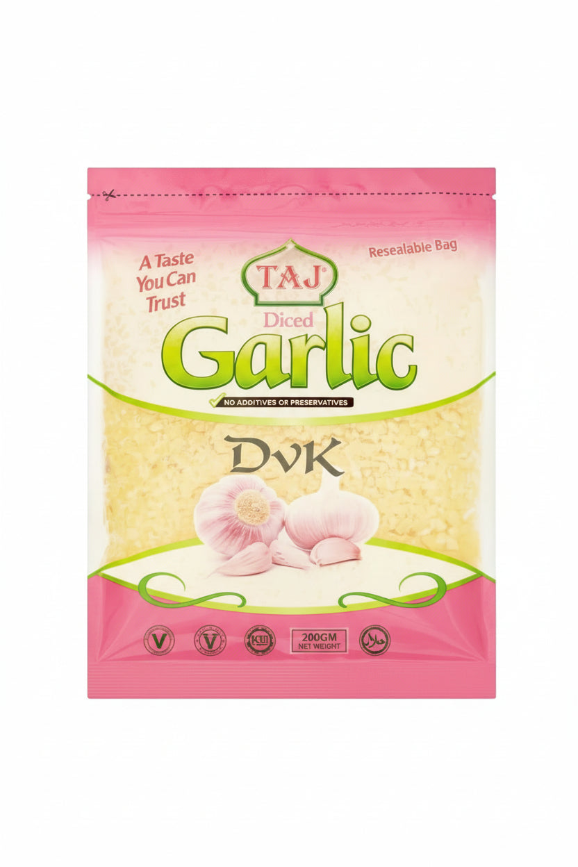 Packaging of Taj Diced Garlic with pink and green design