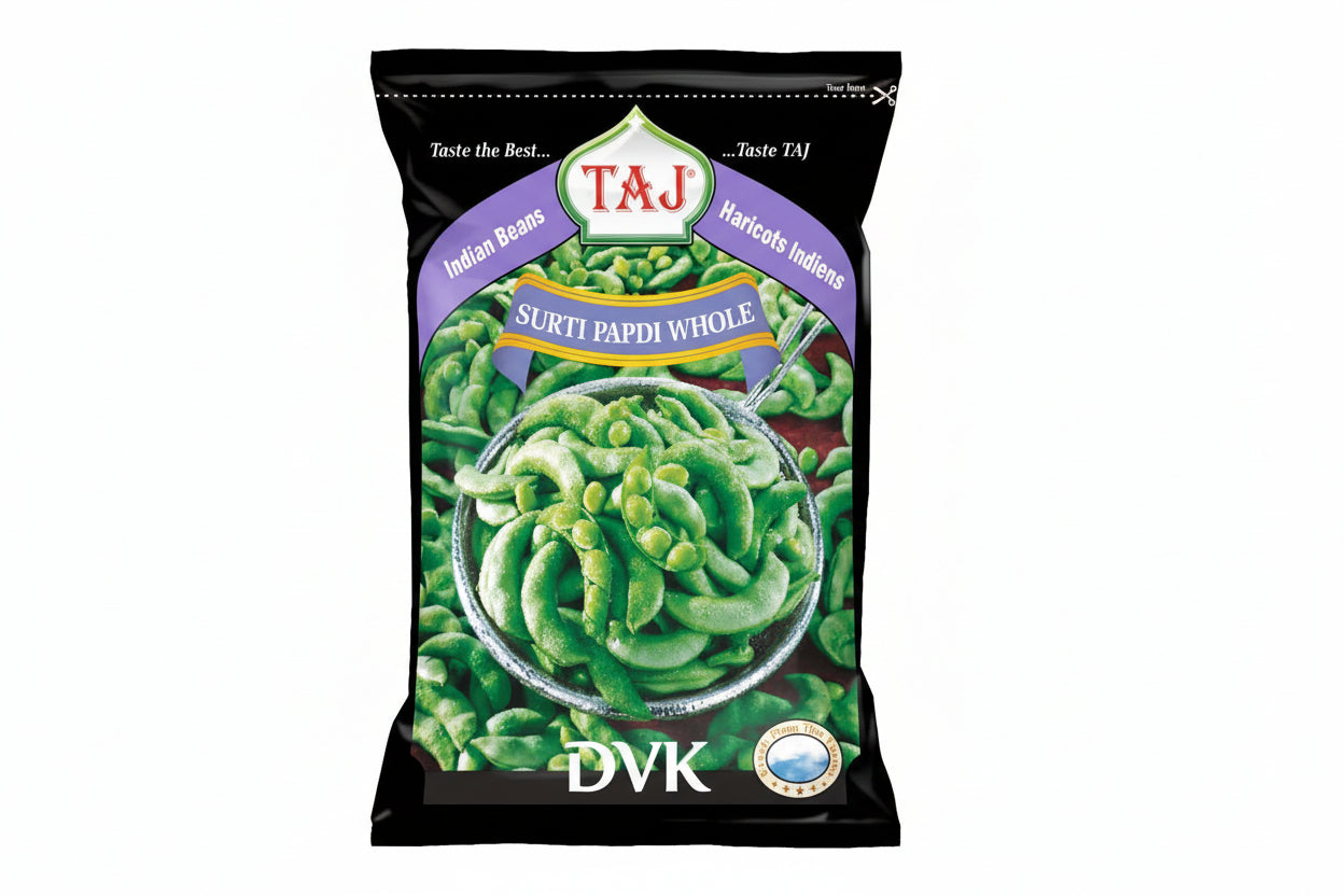 Packaged green beans with Taj brand label on a white background