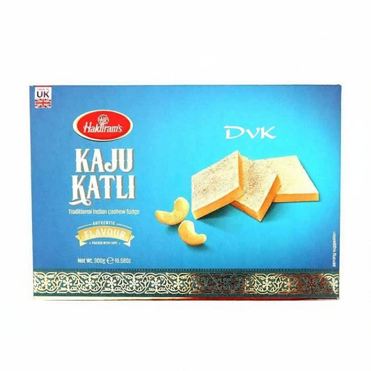 Box of Kaju Katli with Haldiram's branding on a blue background
