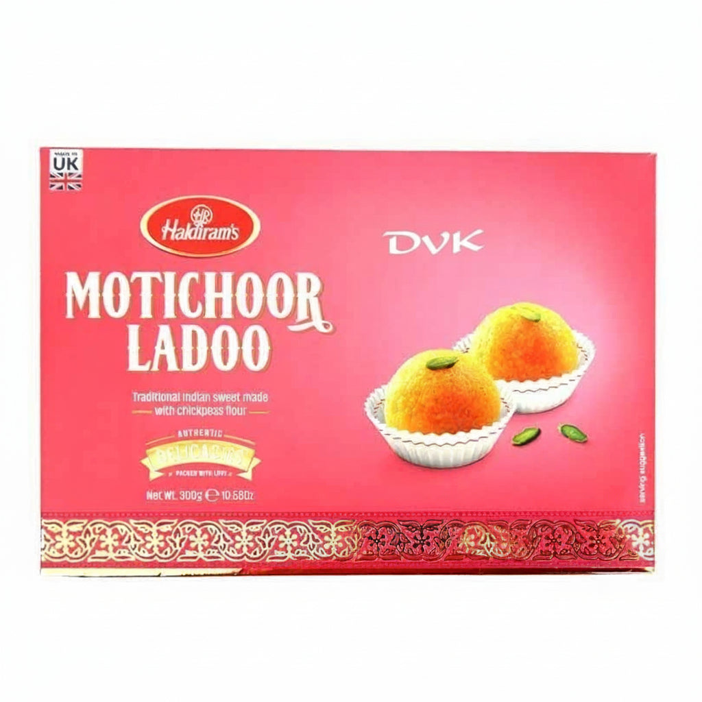 Box of Motichoor Ladoo with Haldiram's branding on a pink background