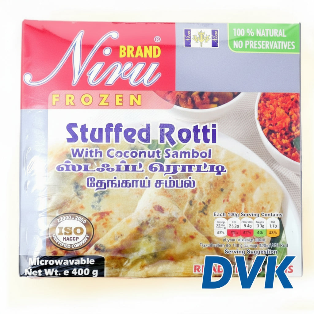 Packaged stuffed rotti with coconut sambol on a white background