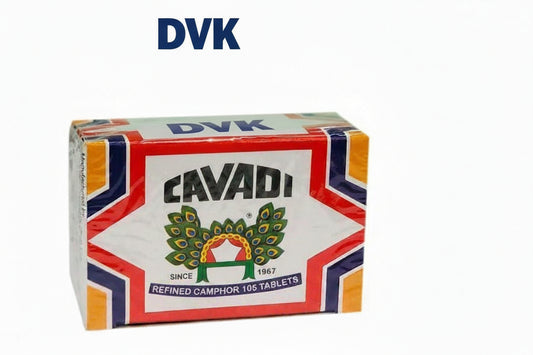 Box of Cavadi refined camphor tablets with colorful design on a white background