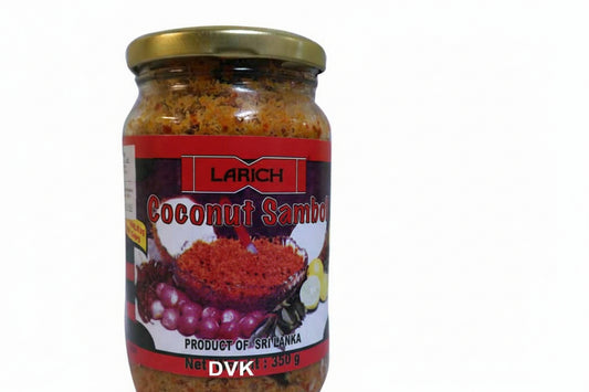 Jar of Larich Coconut Sambal with a red label on a white background