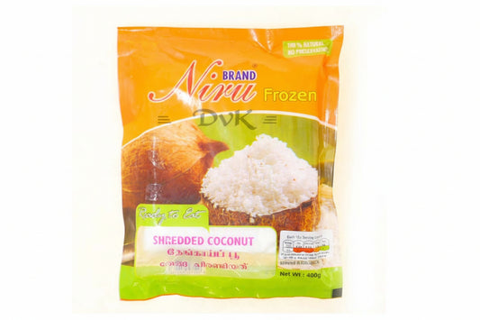 Packaged shredded coconut with Niru brand on an orange background