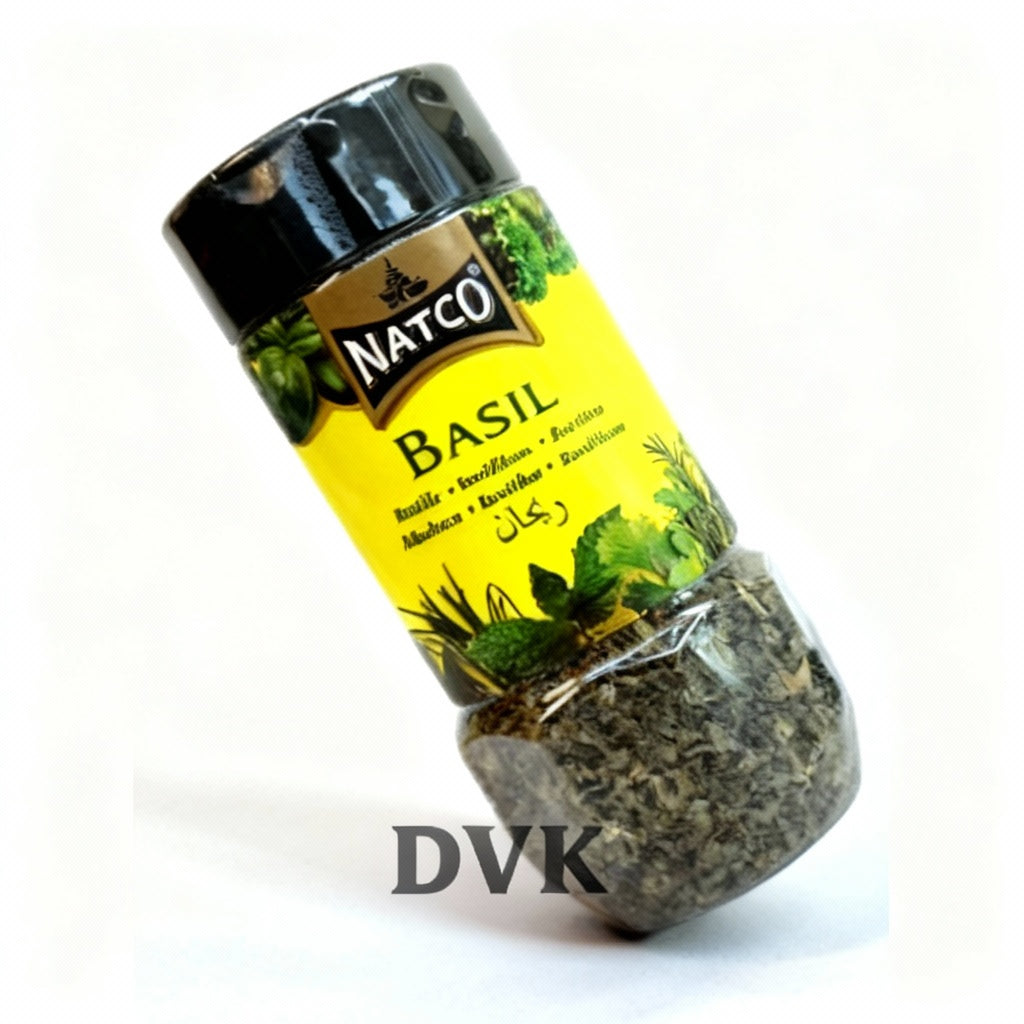 Jar of basil spice with Natco branding on a white background