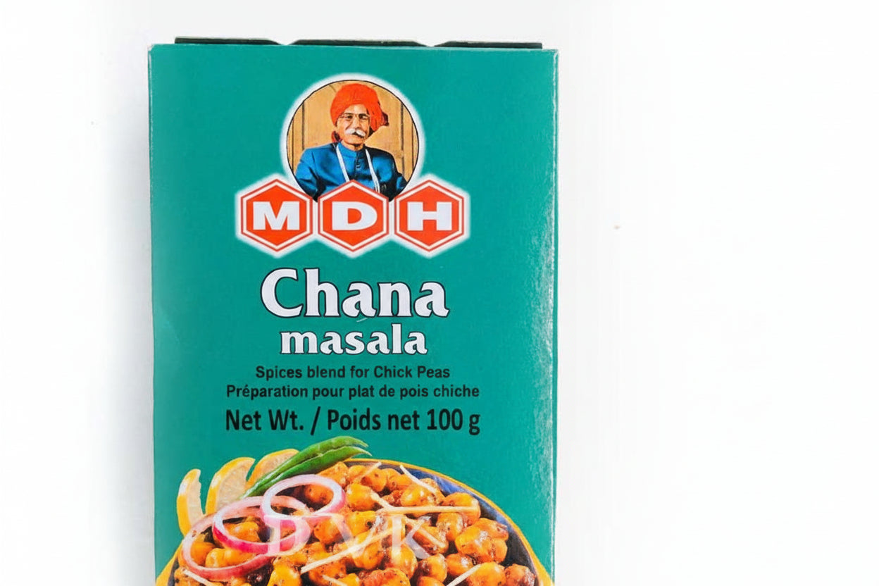Box of MDH Chana masala spice blend on a white background