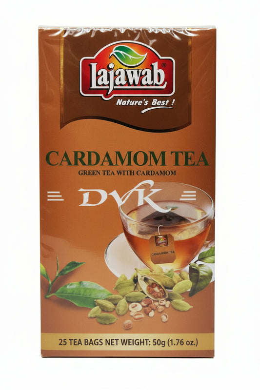 Lajawab Cardamom Tea packaging with a glass of tea and cardamom pods on a white background