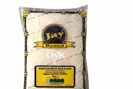 Bag of Jay Brand roasted white rice flour on a white background