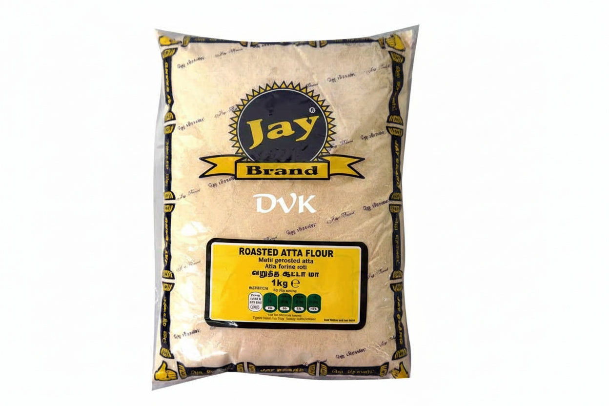 Bag of Jay Brand roasted atta flour on a white background