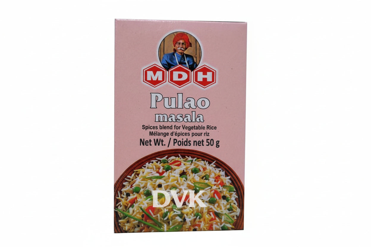 Box of MDH Pulao masala spice blend on a white background