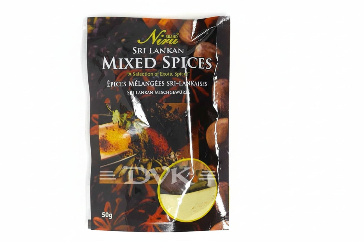 Packaging of Sri Lankan mixed spices with visible branding on a white background
