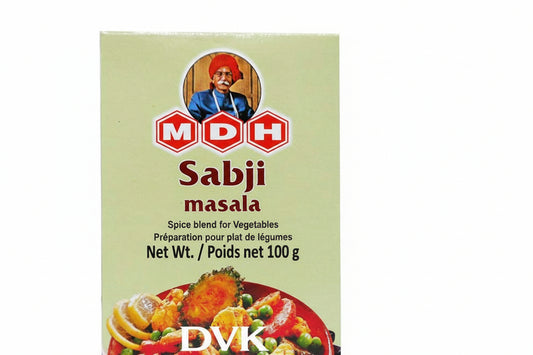 Box of MDH Sabji masala spice blend with a picture of vegetables on a green background
